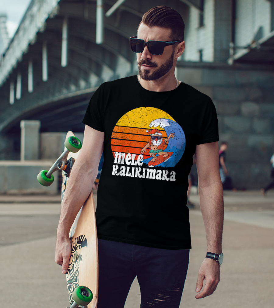 Mele Kalikimaka Surfing Santa Sunset Wave T-Shirt