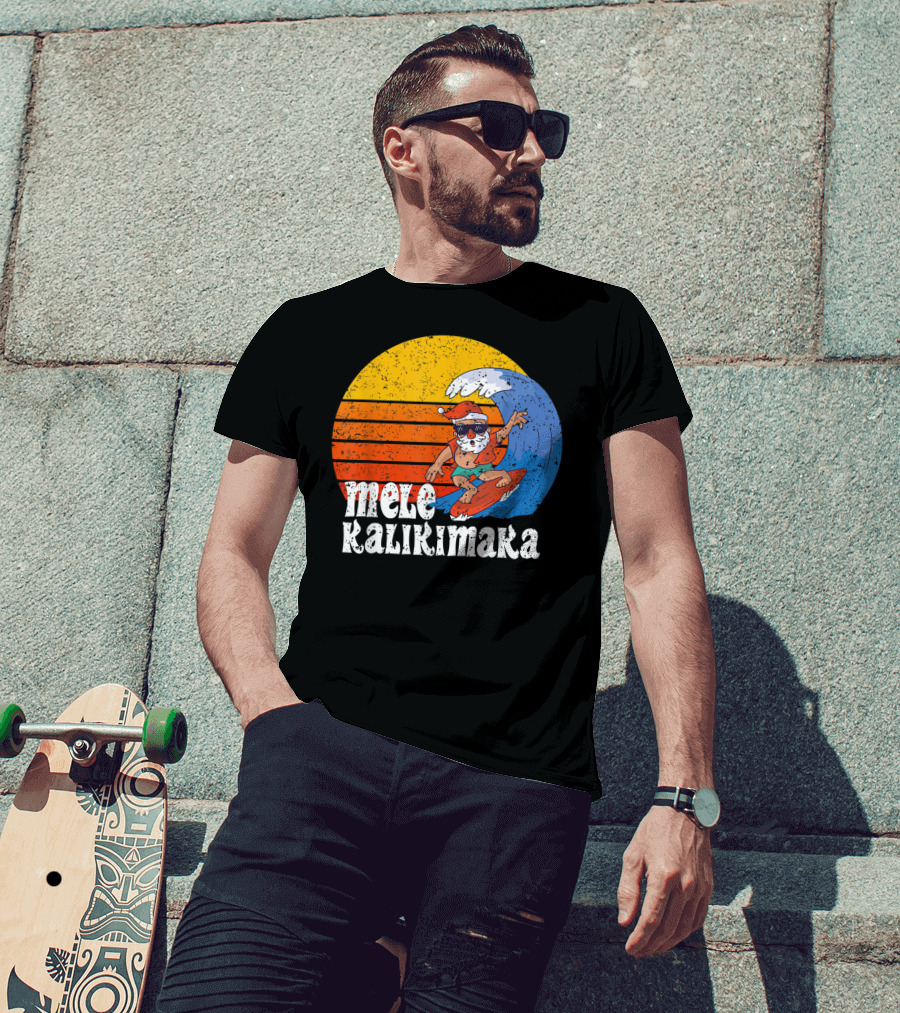 Mele Kalikimaka Surfing Santa Sunset Wave T-Shirt