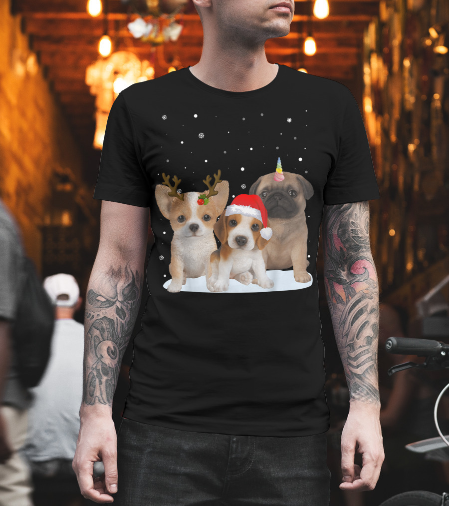 Cute Dogs Reindeer Horns Santa Hat Unicorn Snowflakes T-Shirt
