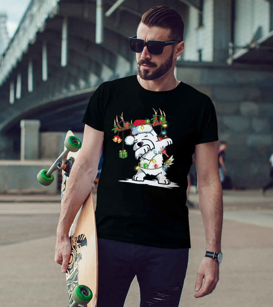 Dabbing Westie Dog Reindeer Lights Santa Hat Christmas Gifts T-Shirt