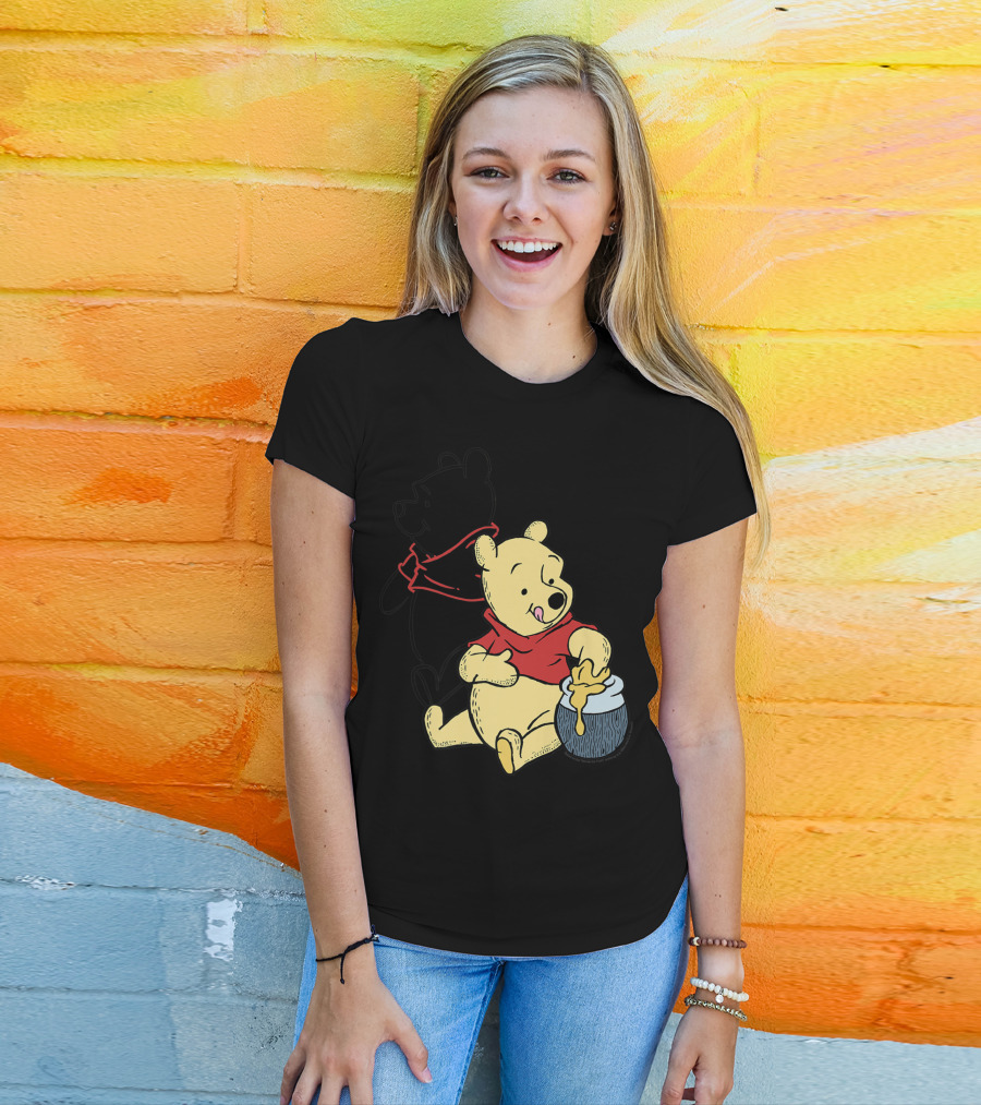 Disney Winnie The Pooh Outline And Colored Character Sitting With Honey Jar T-Shirt