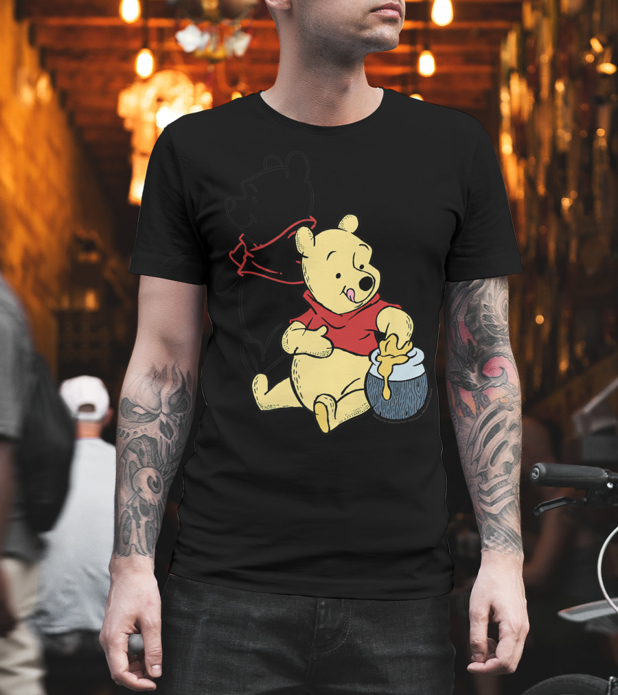 Disney Winnie The Pooh Outline and Colored Character Sitting with Honey Jar T-Shirt