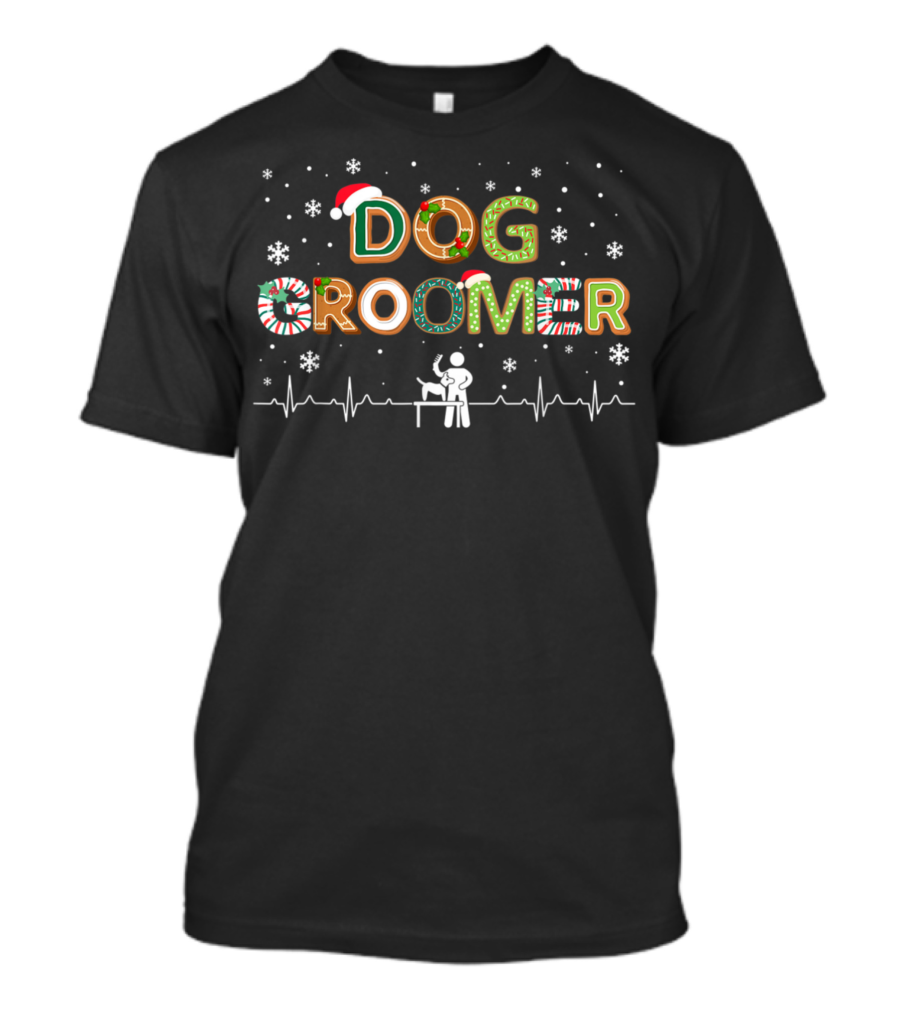 Dog Groomer Christmas Heartbeat Santa Hat Snowflakes T-Shirt