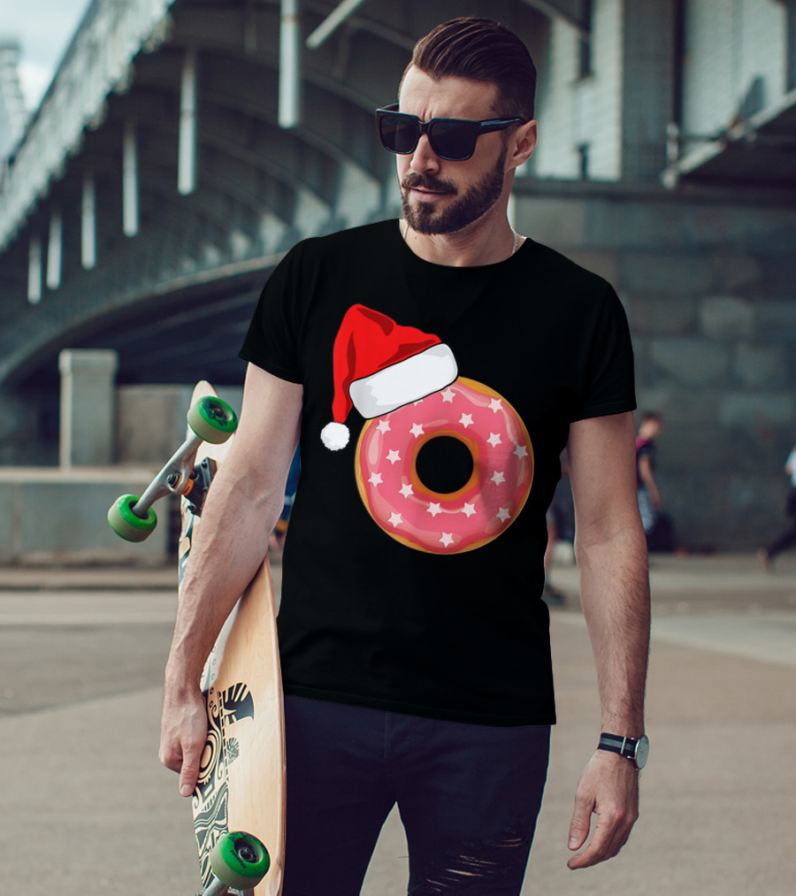 Santa Hat On Pink Strawberry Donut With Stars T-Shirt