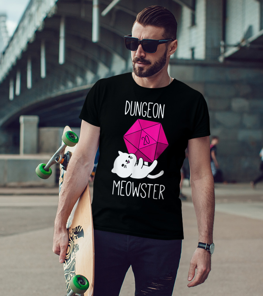 Dungeon Meowster Funny Nerdy Cat D20 Dice T-Shirt