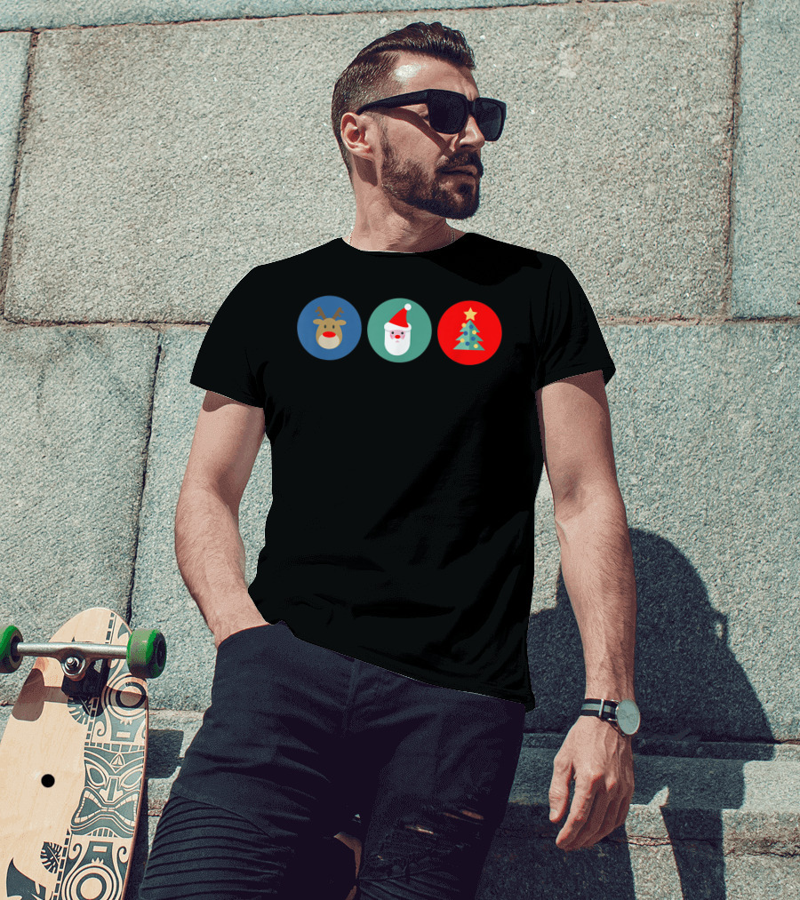 Festive Bright Colorful Reindeer Santa Tree Christmas Icons T-Shirt
