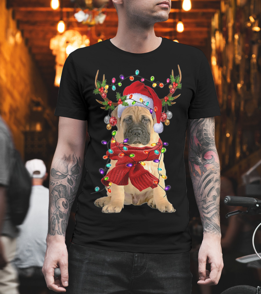 Festive Bull Mastiff Reindeer Lights Christmas Dog T-Shirt