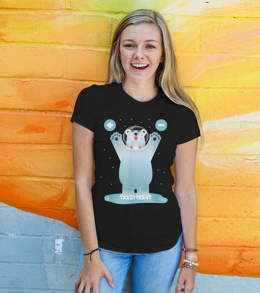 Funny Polar Bear In Space Helmet With Plus And Minus Chemistry Symbols T-Shirt