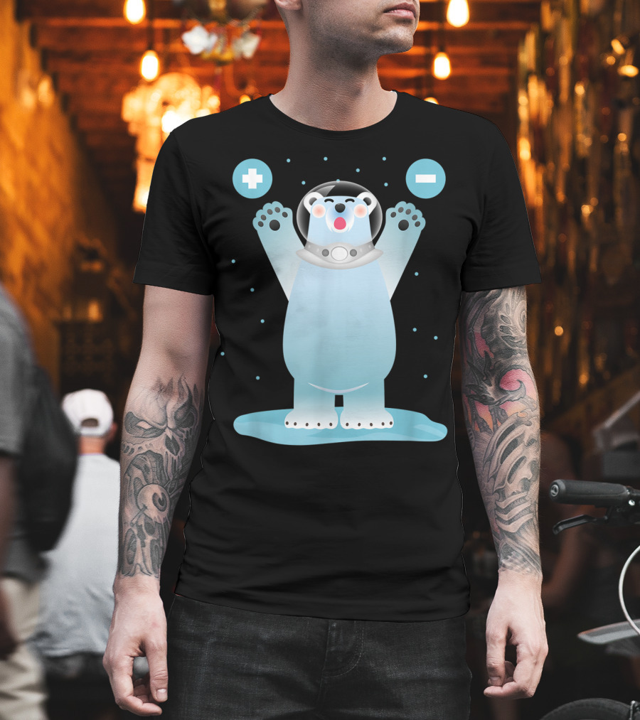 Funny Polar Bear In Space Helmet With Plus And Minus Chemistry Symbols T-Shirt