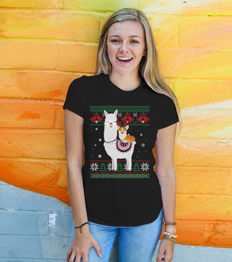 Christmas Corgi Riding Llama With Snowflakes And Reindeer Antlers T-Shirt