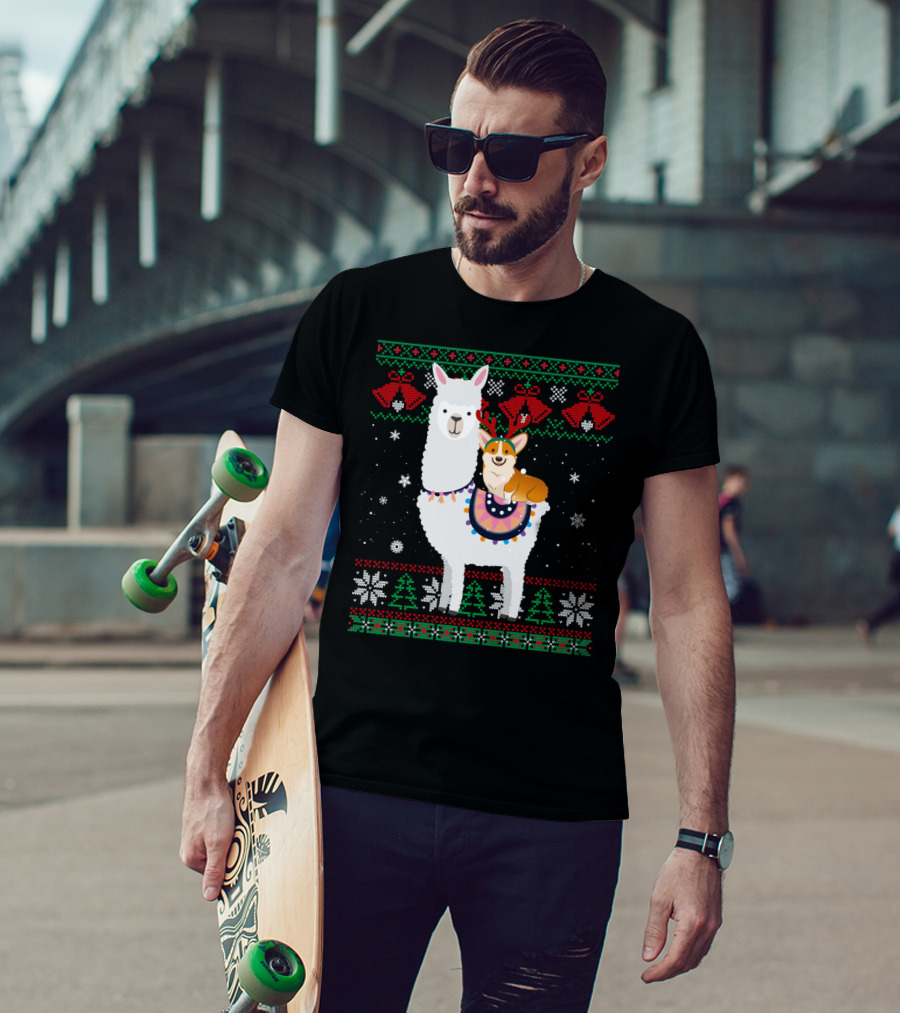 Christmas Corgi Riding Llama With Snowflakes And Reindeer Antlers T-Shirt