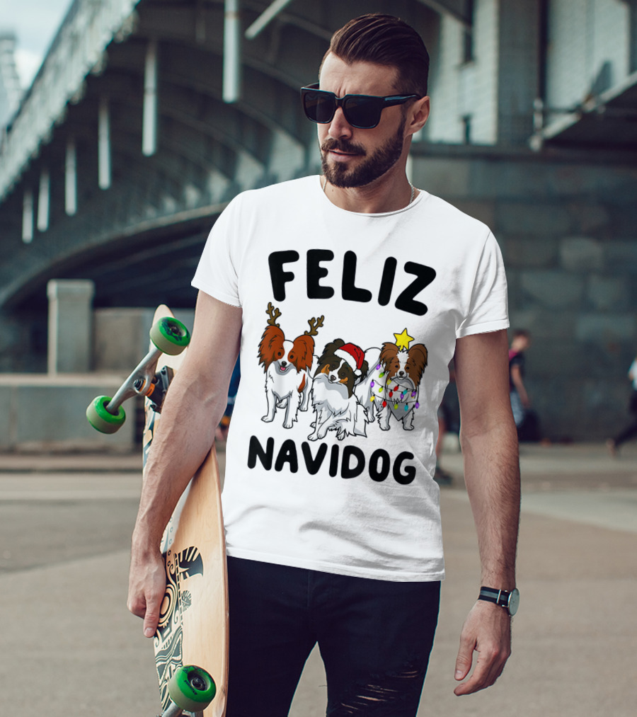Feliz Navidog Funny Papillon Reindeer Santa Hat Christmas Lights T-Shirt