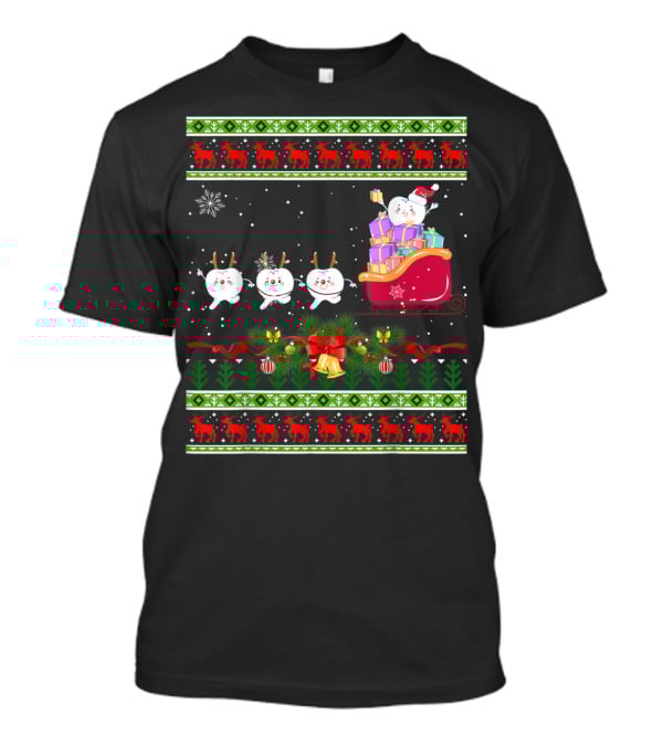 Funny Christmas Tree Dental Snowmen In Santa's Sleigh T-Shirt