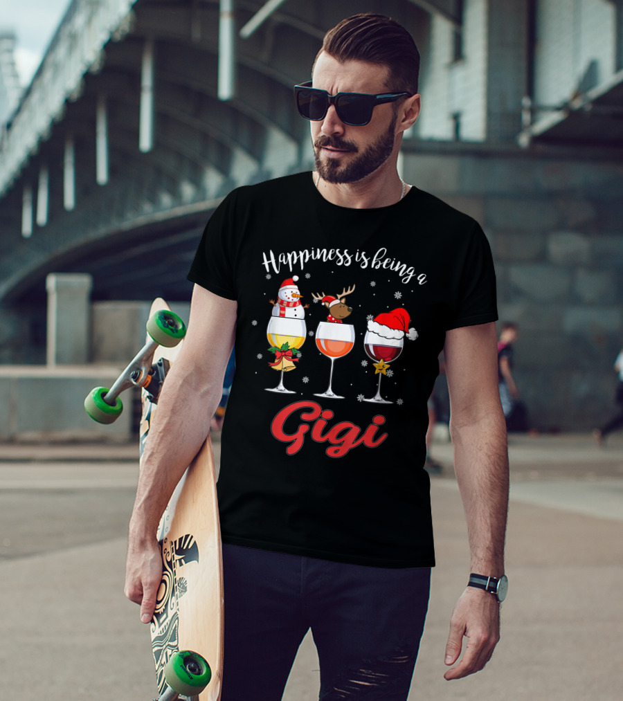 Happiness Is Being A Gigi Christmas Wine Glass Snowman Reindeer Santa Hat T-Shirt