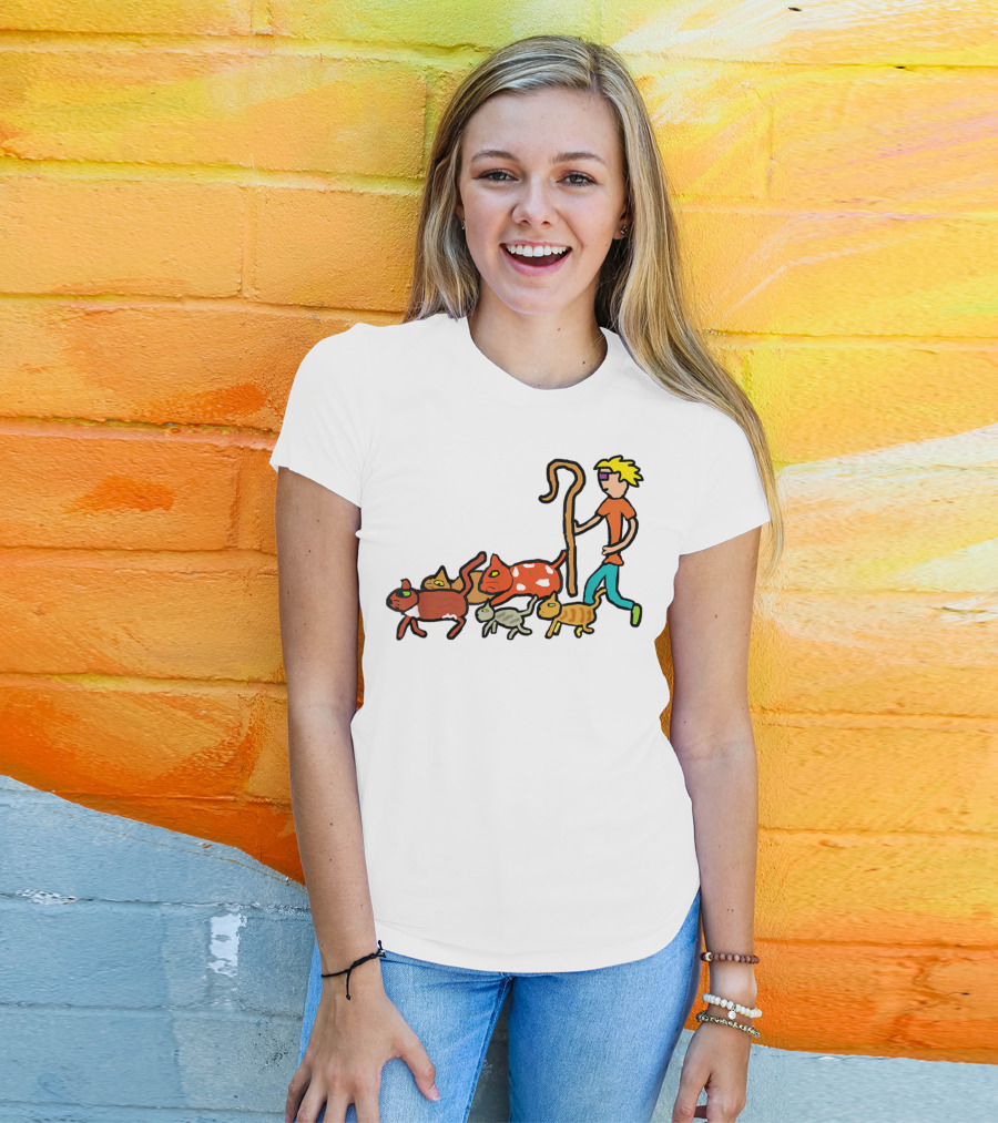 Herding Cats Cartoon Shepherd With Colorful Cats Scene T-Shirt