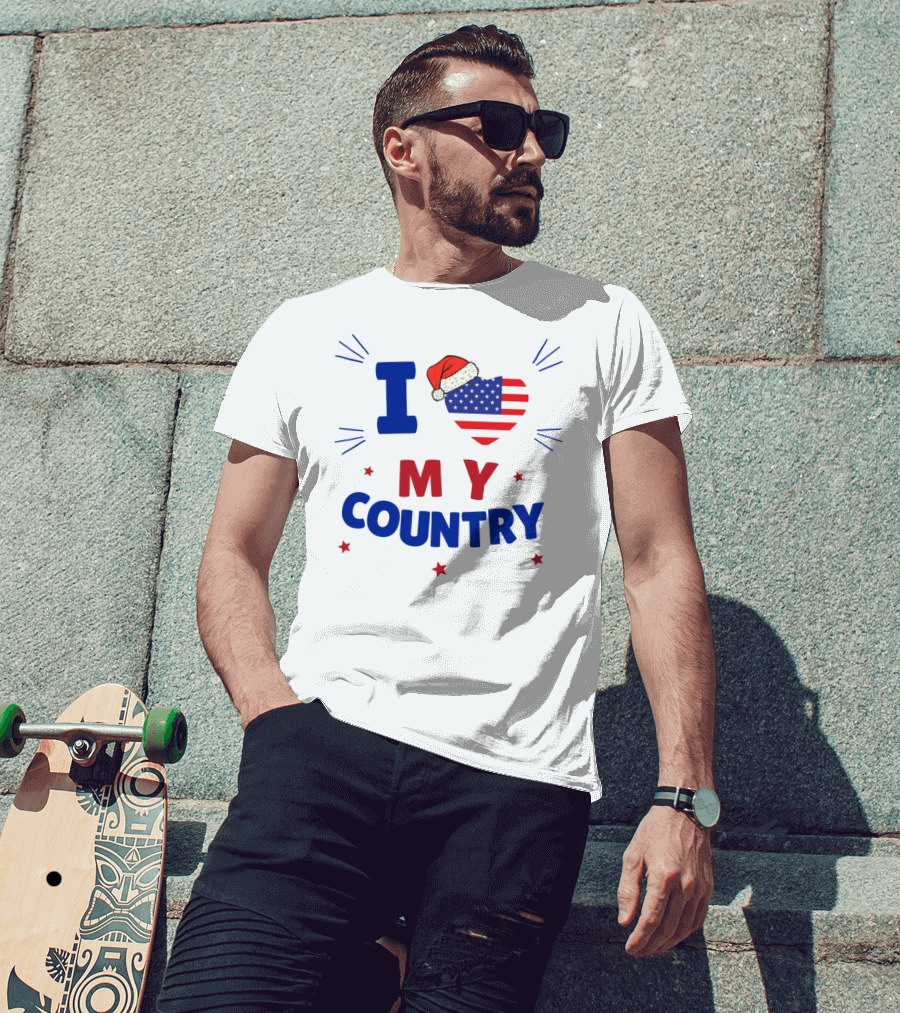 I Love My Country Heart Flag Santa Hat Patriotic Merry Christmas T-Shirt