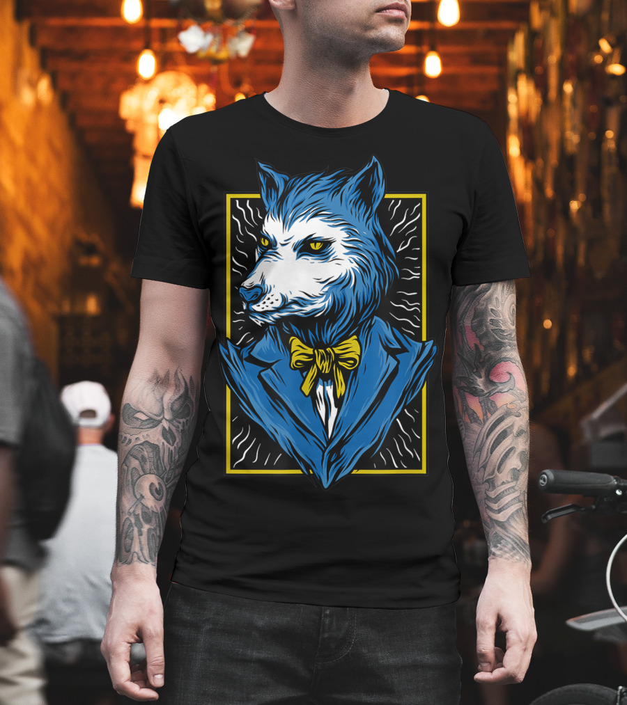 Mafia Don Dire Wolf Anthro in Suit with Yellow Bow Tie T-Shirt