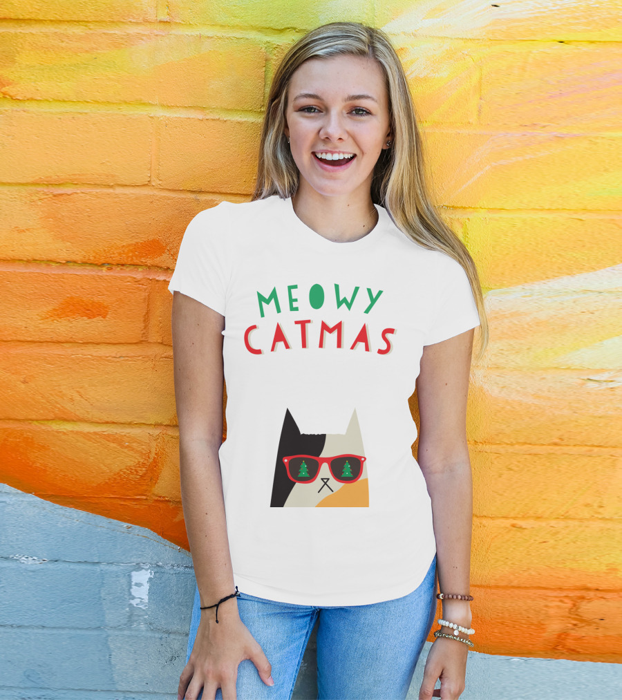 Meowy Catmas Christmas Calico Cat With Sunglasses And Trees T-Shirt