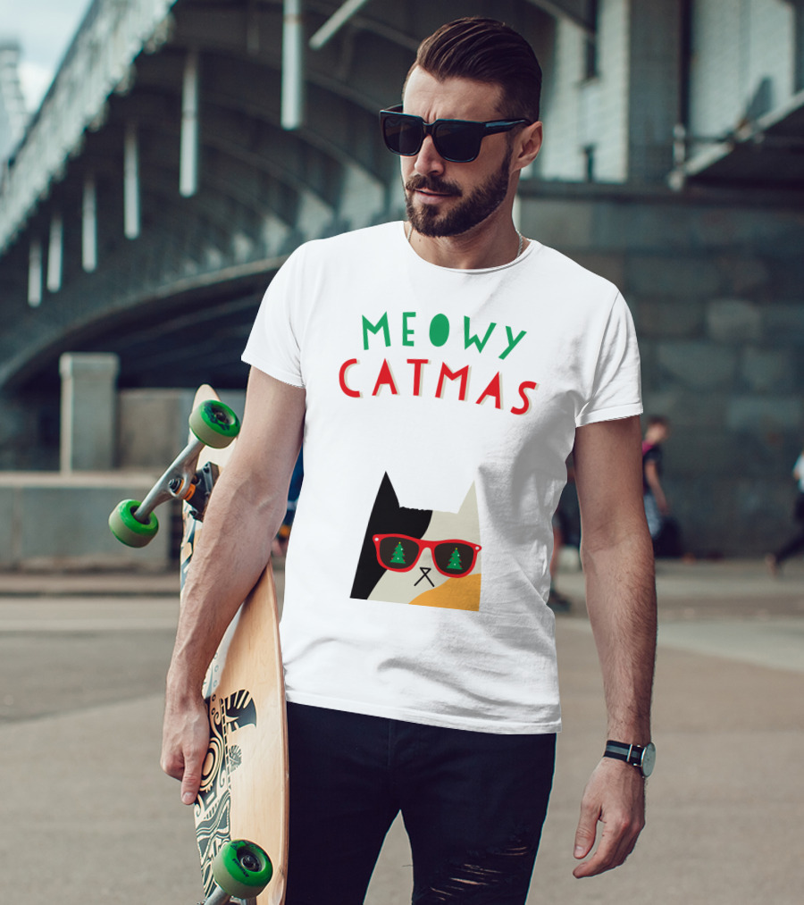 Meowy Catmas Christmas Calico Cat With Sunglasses And Trees T-Shirt