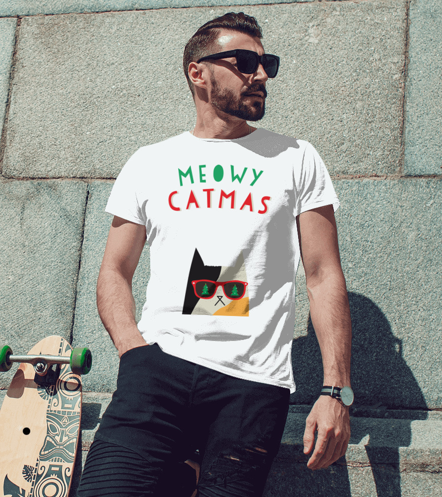 Meowy Catmas Christmas Calico Cat With Sunglasses And Trees T-Shirt