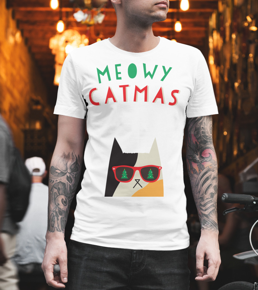 Meowy Catmas Christmas Calico Cat With Sunglasses And Trees T-Shirt