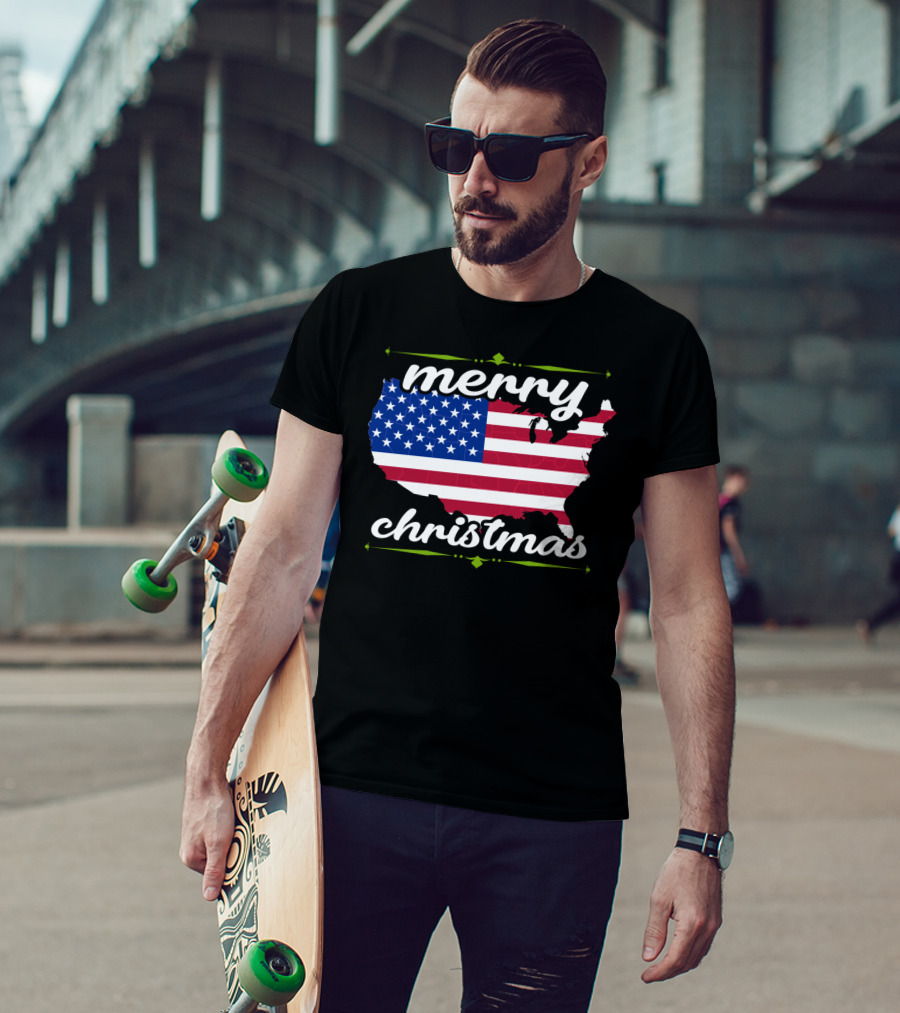 Merry Christmas USA Flag Map T-Shirt