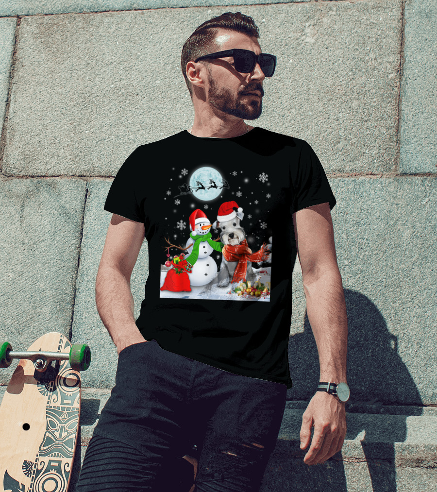 Miniature Schnauzer Santa Snowman Christmas Moon Snowflakes T-Shirt