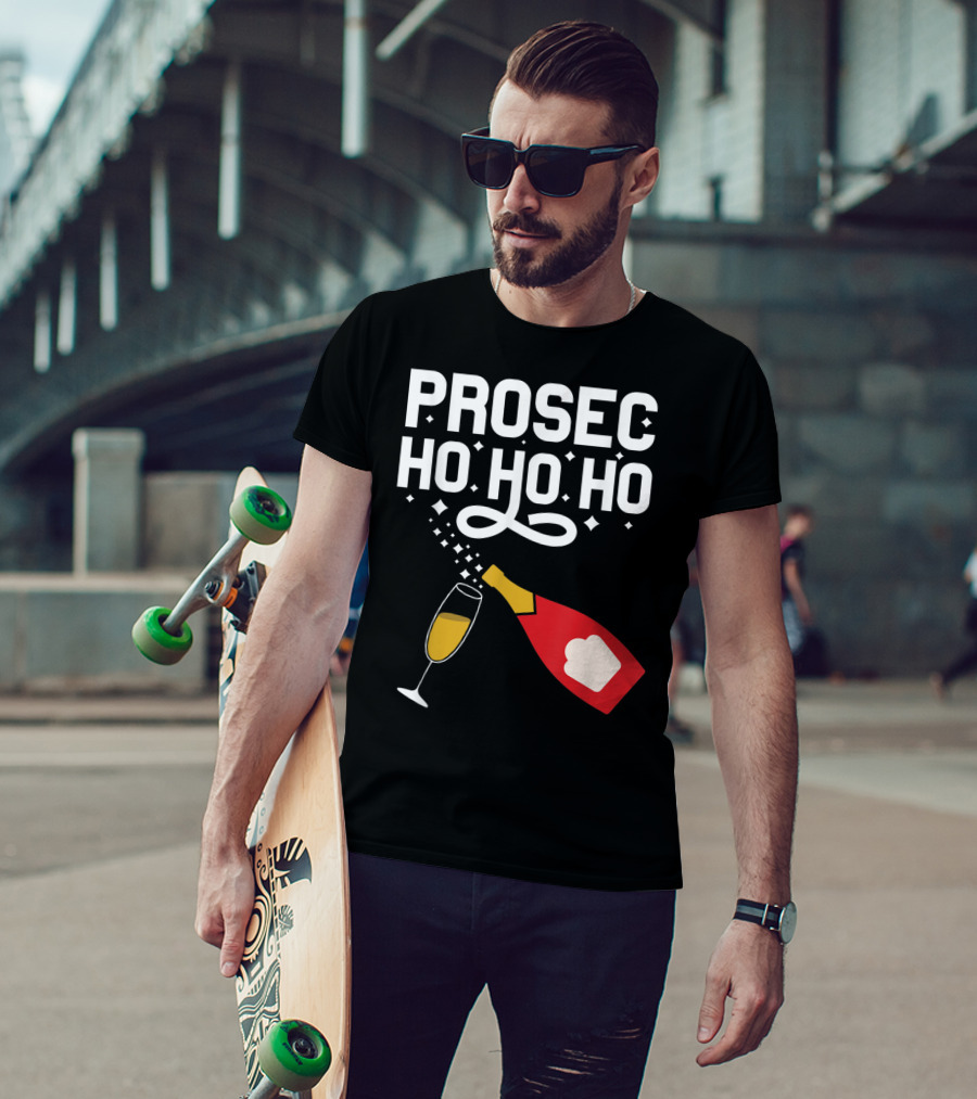 Prosecco Ho Ho Ho Funny Christmas Wine Bottle And Glass T-Shirt
