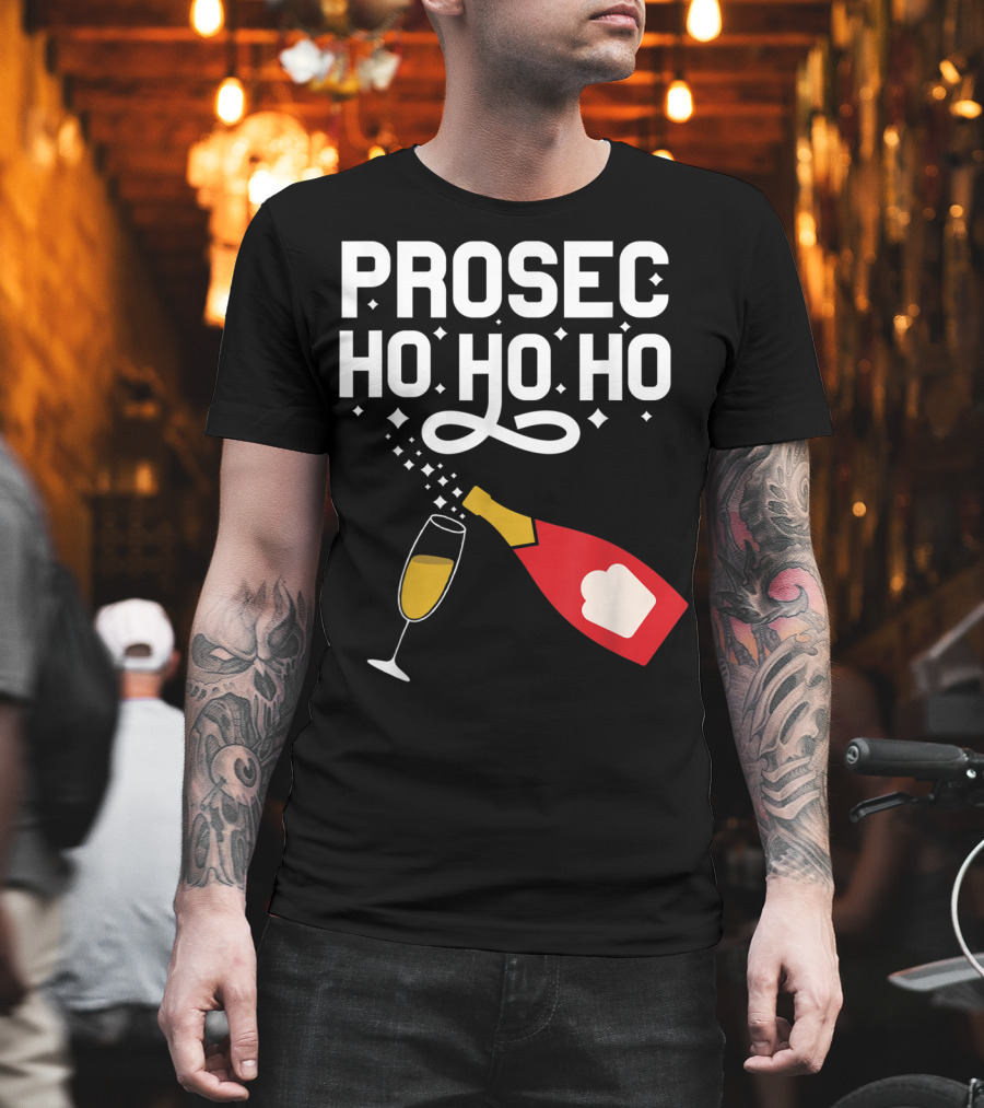 Prosecco Ho Ho Ho Funny Christmas Wine Bottle and Glass T-Shirt