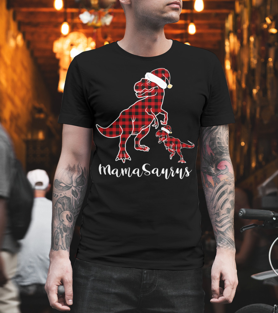 Mamasaurus Red Plaid Santa Hat Buffalo Family T-Shirt