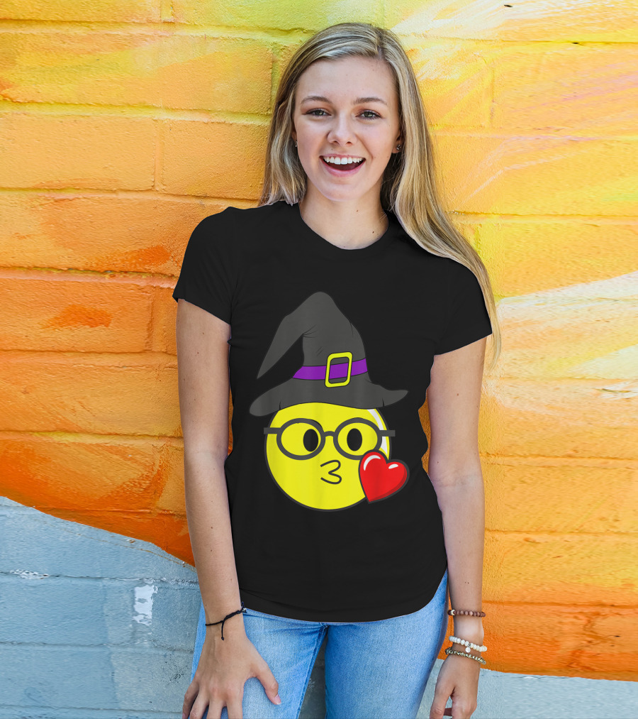 Funny Halloween Emoji Nerd Witch Glasses With Kissing Face And Heart T-Shirt