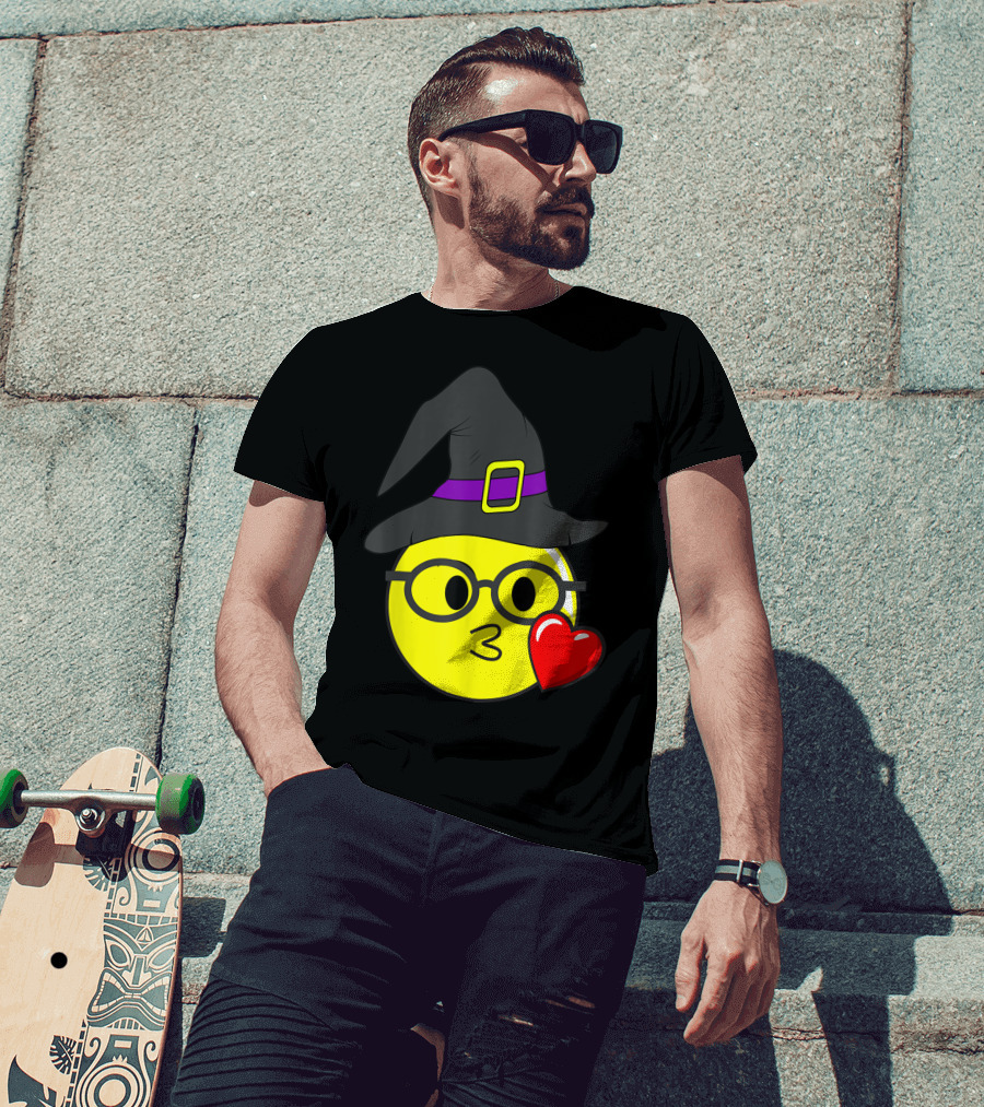 Funny Halloween Emoji Nerd Witch Glasses With Kissing Face And Heart T-Shirt