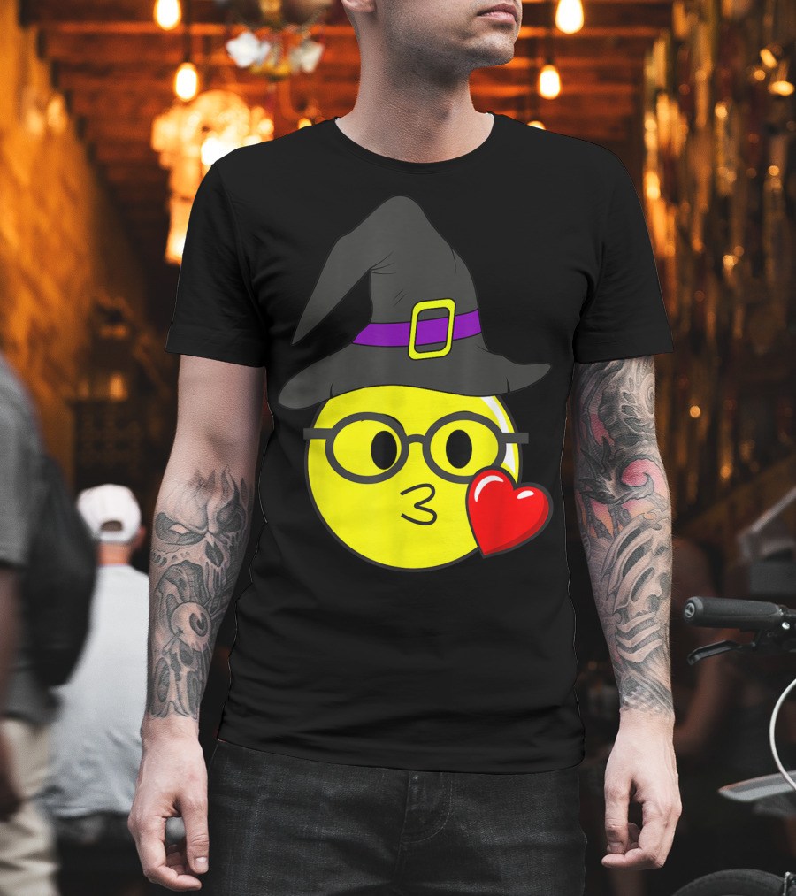 Funny Halloween Emoji Nerd Witch Glasses With Kissing Face And Heart T-Shirt