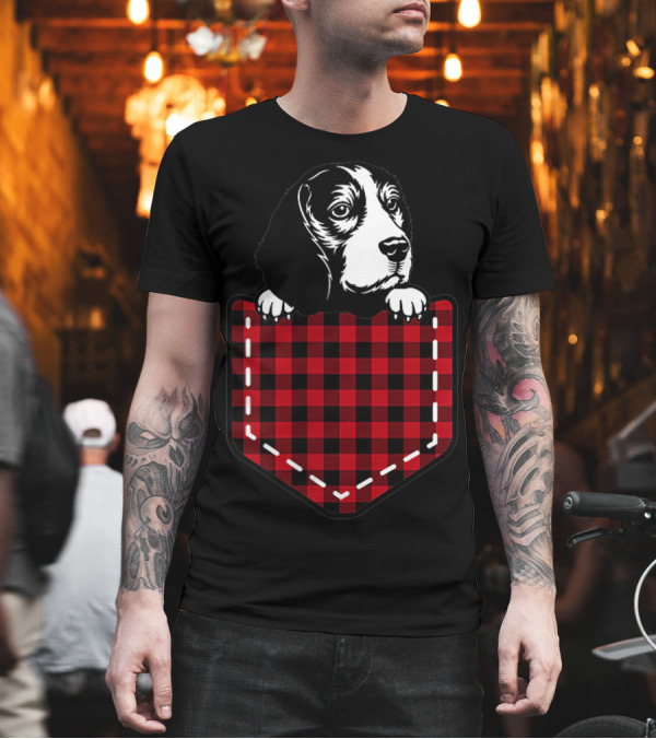 Funny Beagle Dog Lover in Red Plaid Pocket T-Shirt Funny Beagle Dog Lover in Red Plaid Pocket T-Shirt