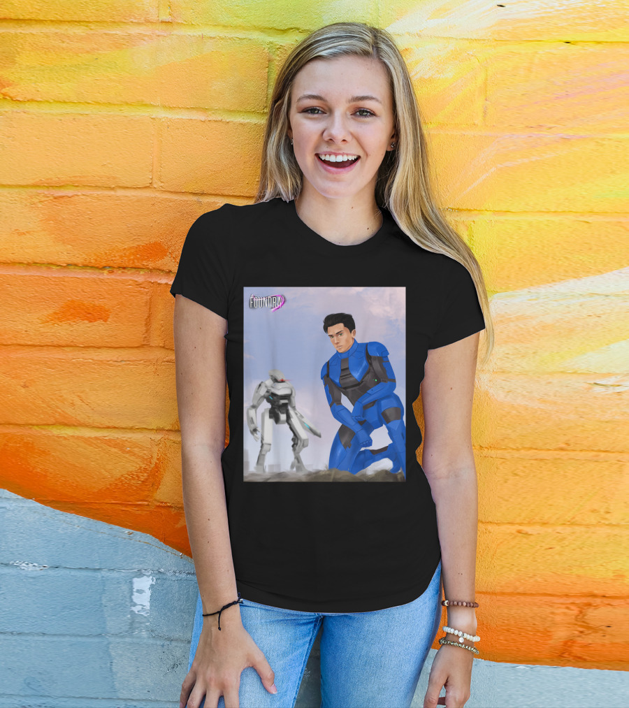 Foundra Neven In Blue Power Armor Kneeling With Mech In Background T-Shirt
