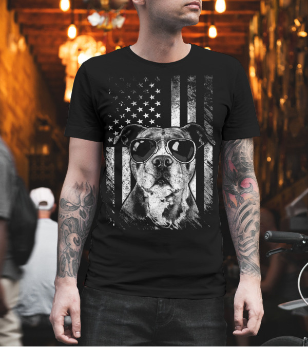 Patriotic American Pit Bull with Sunglasses USA Flag Funny Pitbull Dad T-Shirt Patriotic American Pit Bull with Sunglasses USA Flag Funny Pitbull Dad T-Shirt