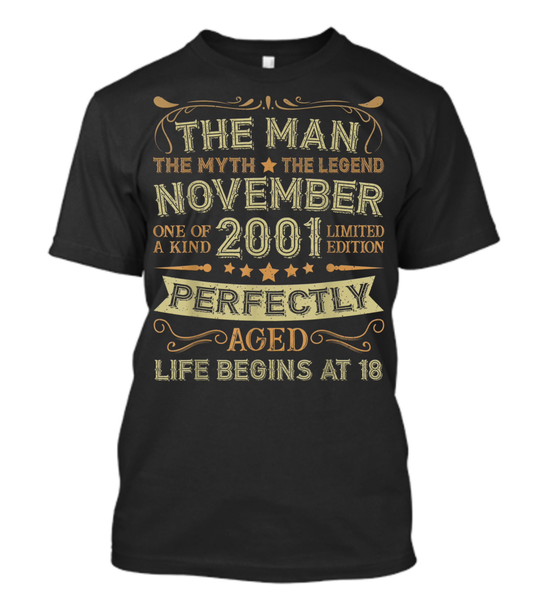 The Man The Myth The Legend November 2001 One Of A Kind Perfectly Aged Life Begins At 18 T-Shirt