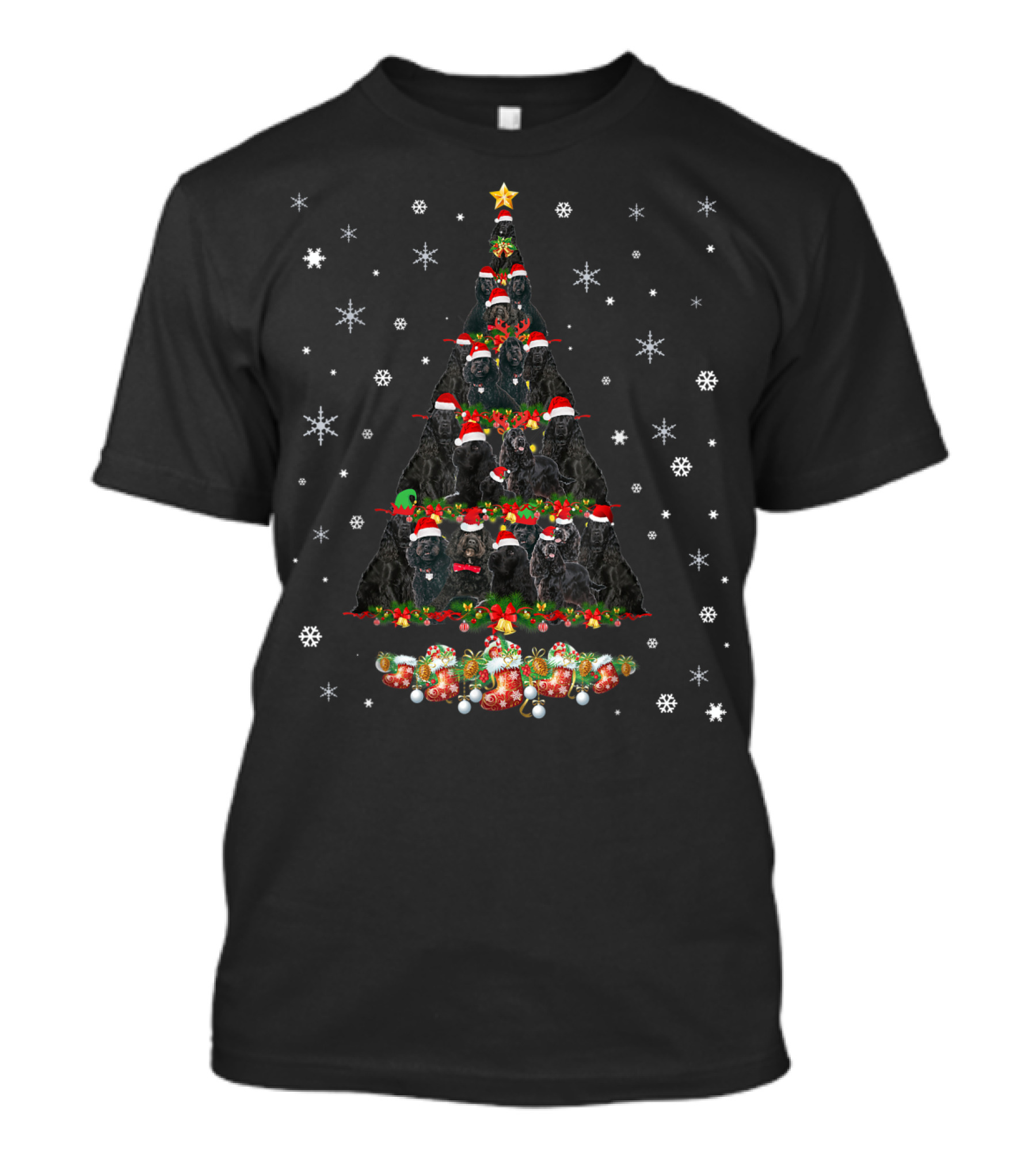 Cute Black Cockapoo Dog Christmas Tree Santa Hats Snowflakes T-Shirt