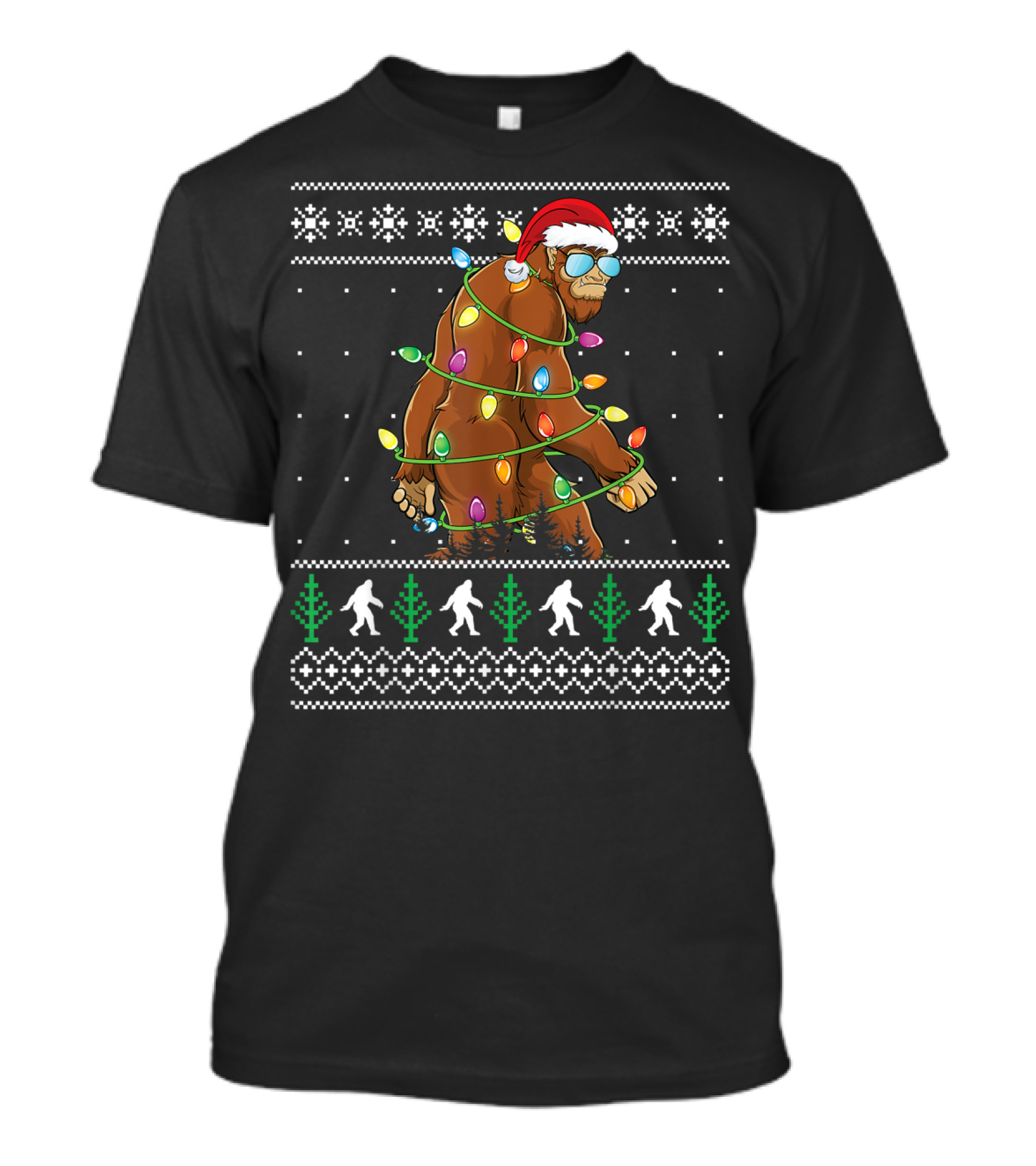 Funny Christmas Bigfoot With Santa Hat And Holiday Lights T-Shirt