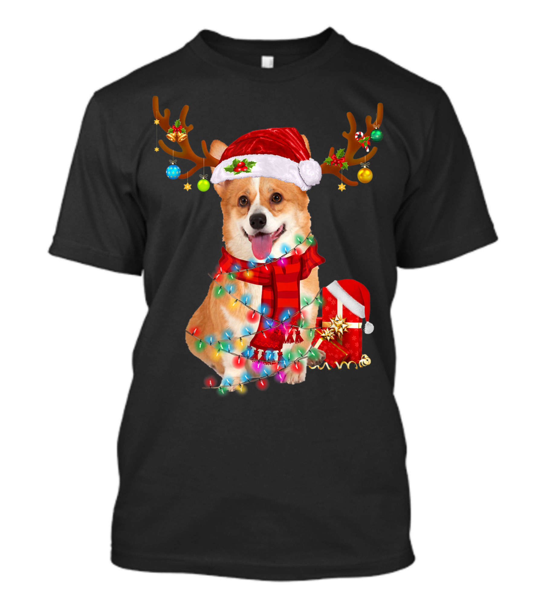 Funny Santa Reindeer Corgi Wrapped In Christmas Lights And Hat T-Shirt