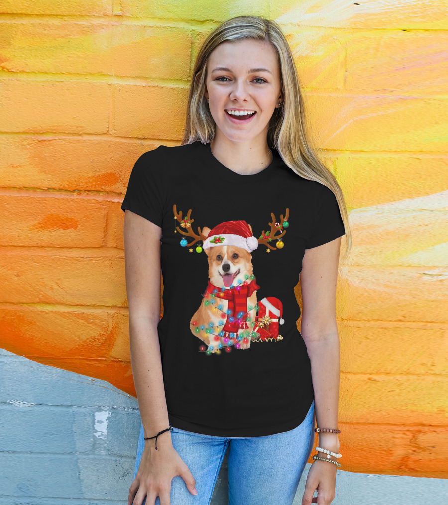 Funny Santa Reindeer Corgi Wrapped In Christmas Lights And Hat T-Shirt