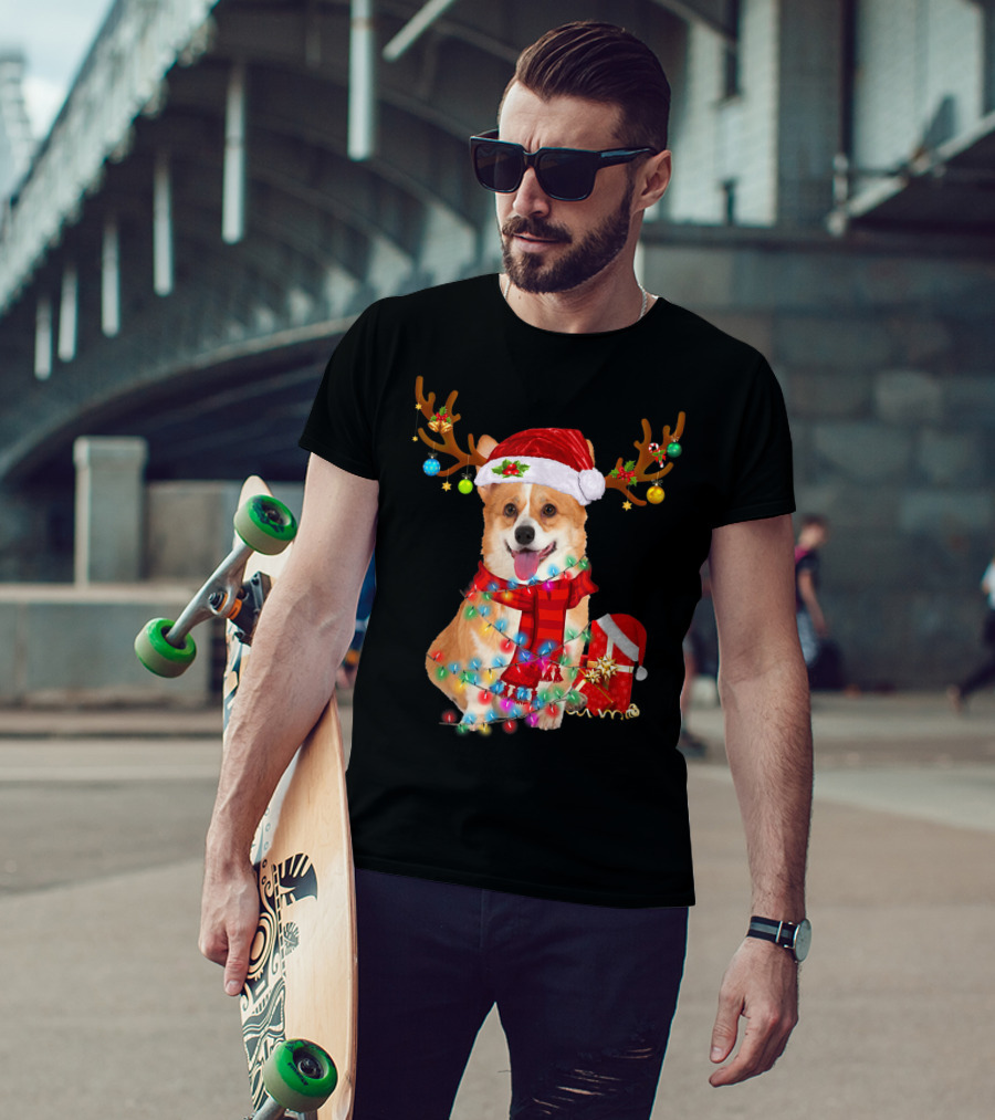 Funny Santa Reindeer Corgi Wrapped In Christmas Lights And Hat T-Shirt