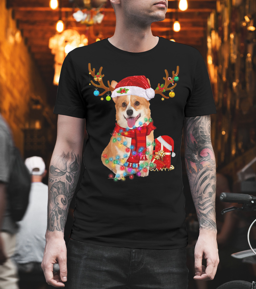 Funny Santa Reindeer Corgi Wrapped In Christmas Lights And Hat T-Shirt