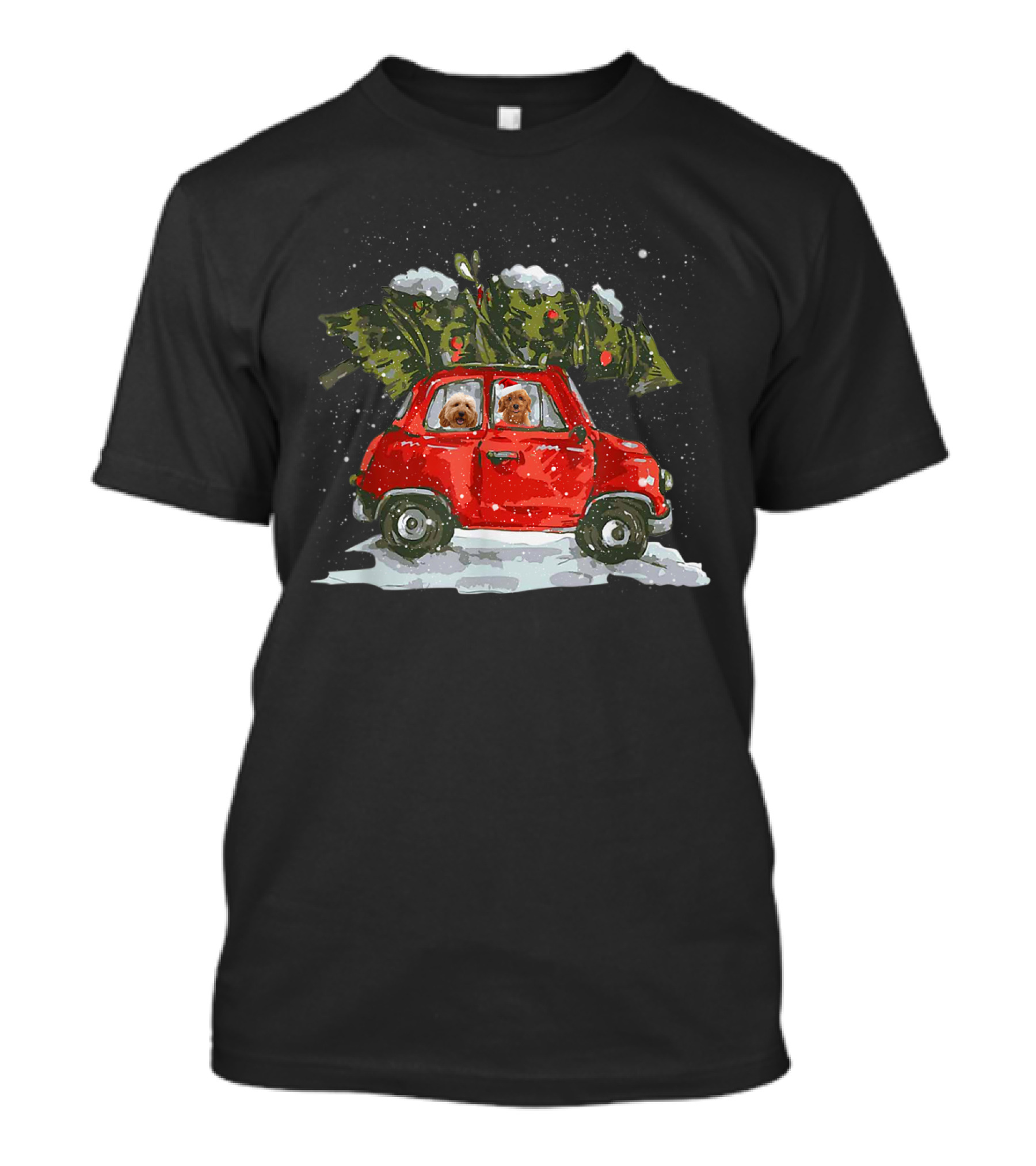 Goldendoodle In Red Truck With Christmas Tree Snowy Scene T-Shirt