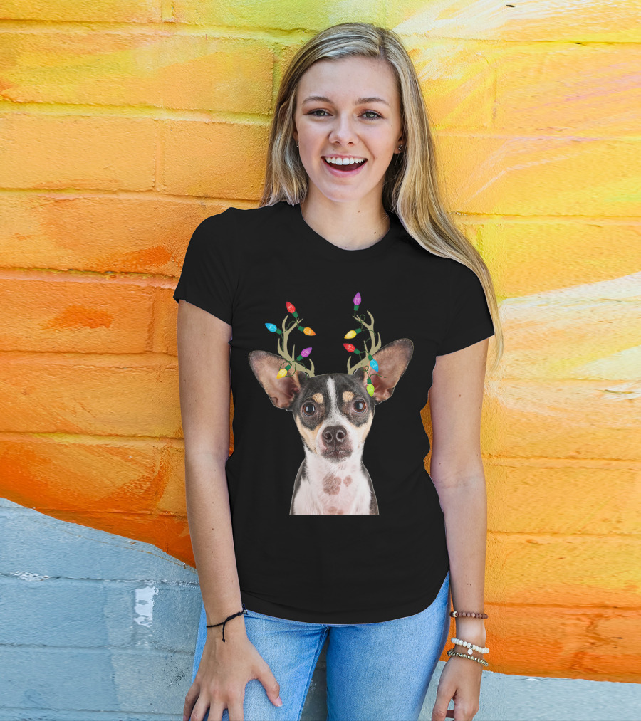 Rat Terrier Reindeer Lights Christmas Dog T-Shirt