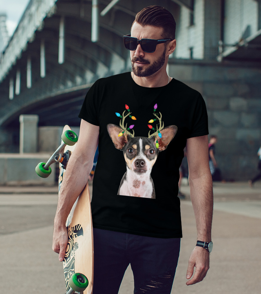 Rat Terrier Reindeer Lights Christmas Dog T-Shirt