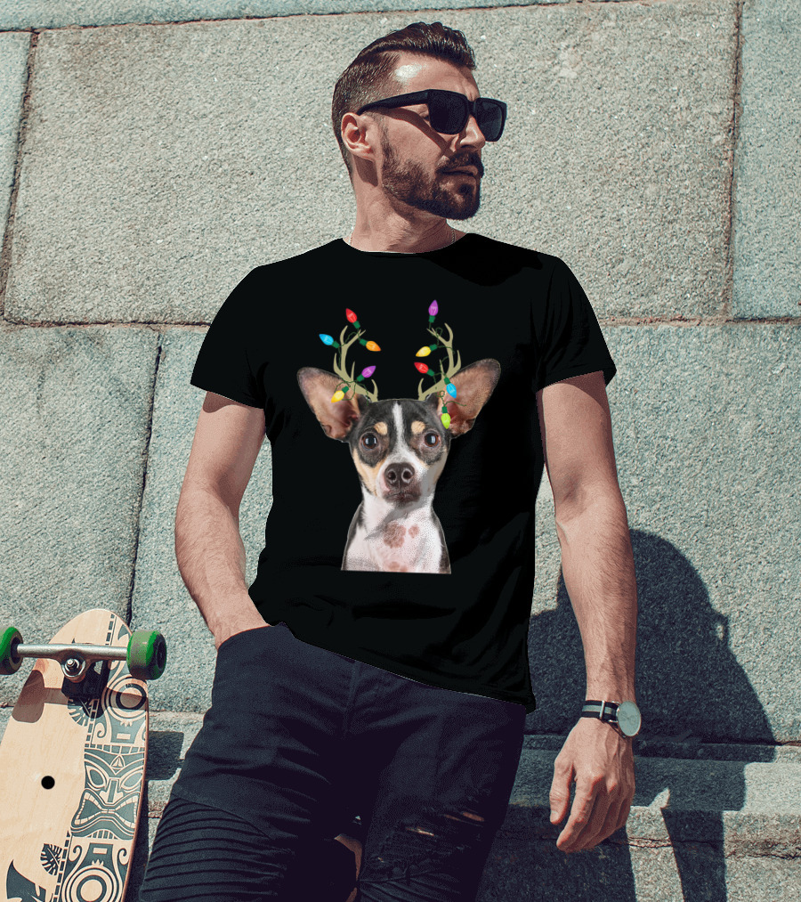 Rat Terrier Reindeer Lights Christmas Dog T-Shirt