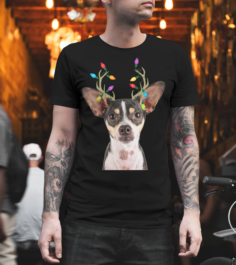 Rat Terrier Reindeer Lights Christmas Dog T-Shirt