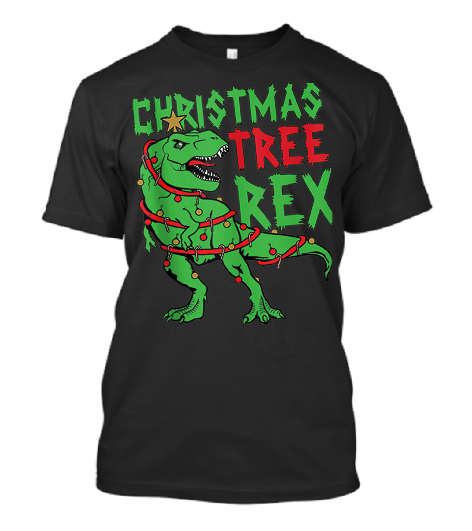 Christmas Tree Rex Dinosaur Wrapped In Lights And Decorations T-Shirt