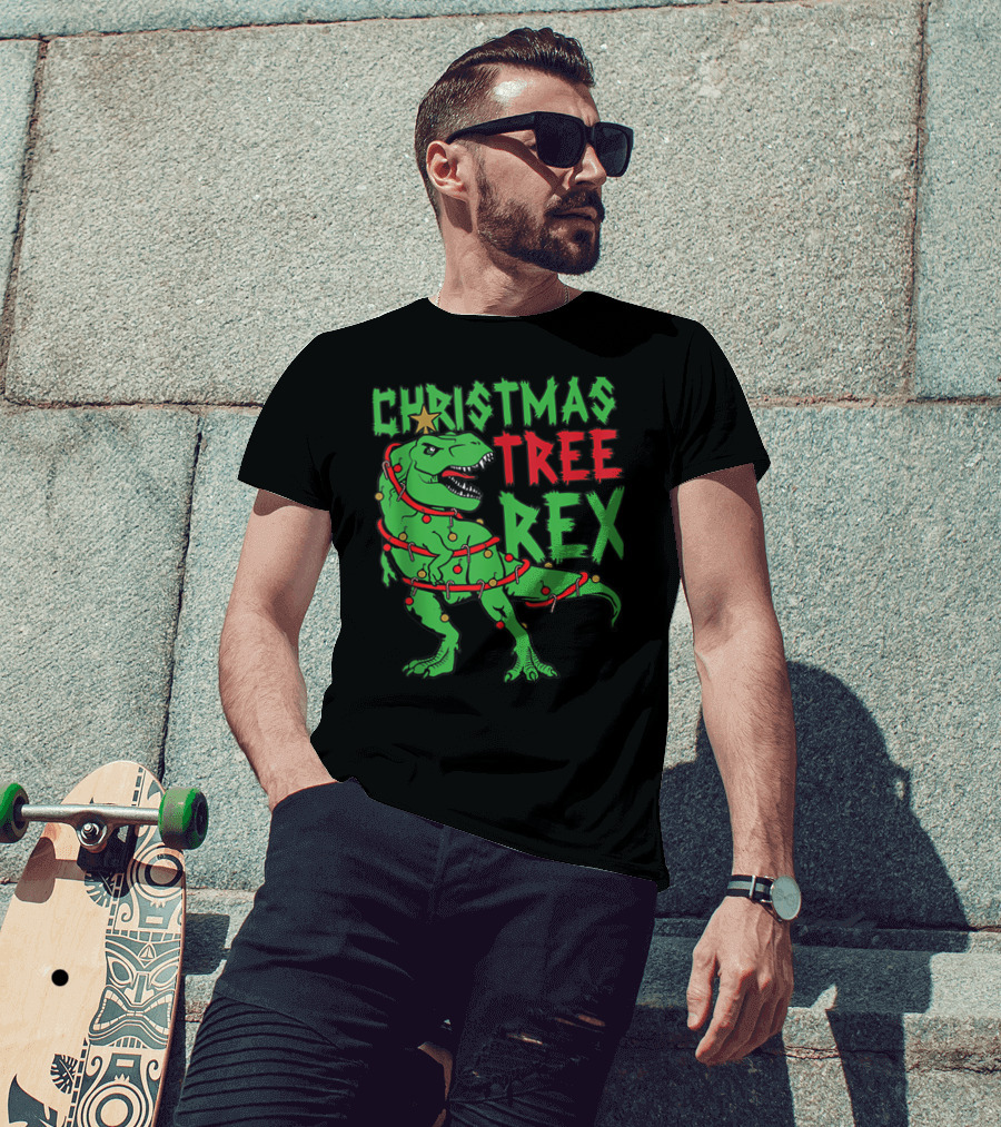 Christmas Tree Rex Dinosaur Wrapped In Lights And Decorations T-Shirt